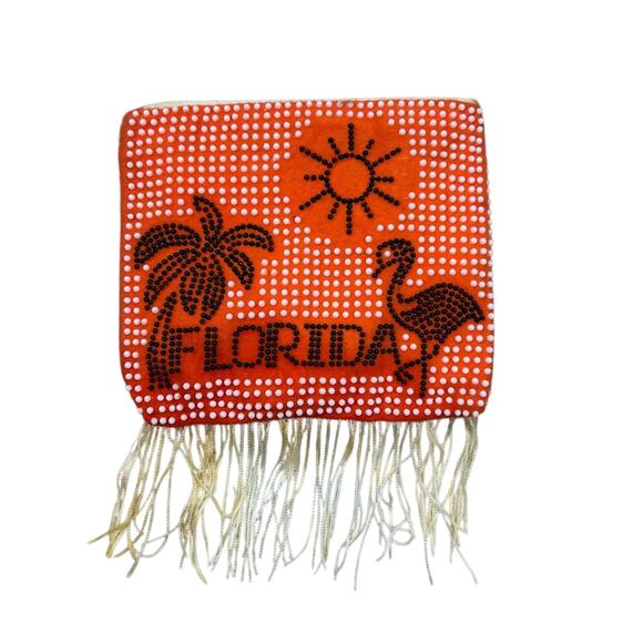 Vintage Souvenir Florida Orange Beaded Fringe Cosmetic Coin Purse Bag  1970’s - Picture 1 of 8